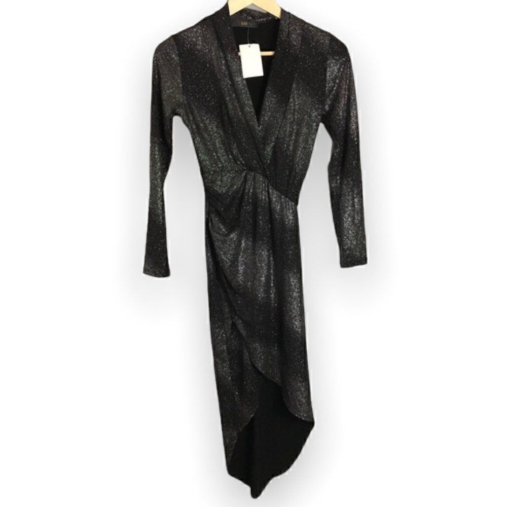 LIX Glittery Ombre Black Gray Wrap Look High Low Wrap Dress